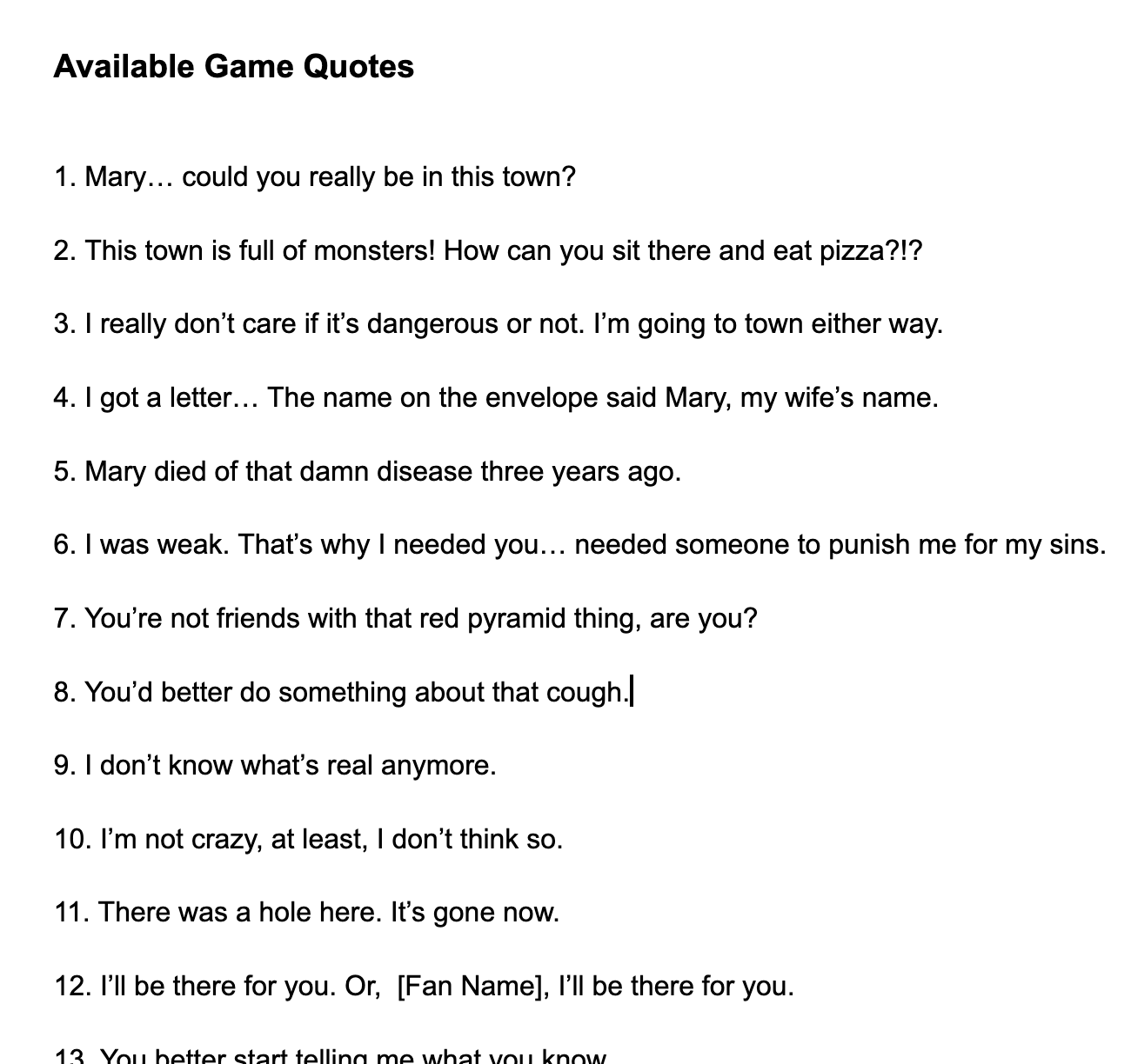 List of Available Game Quotes
